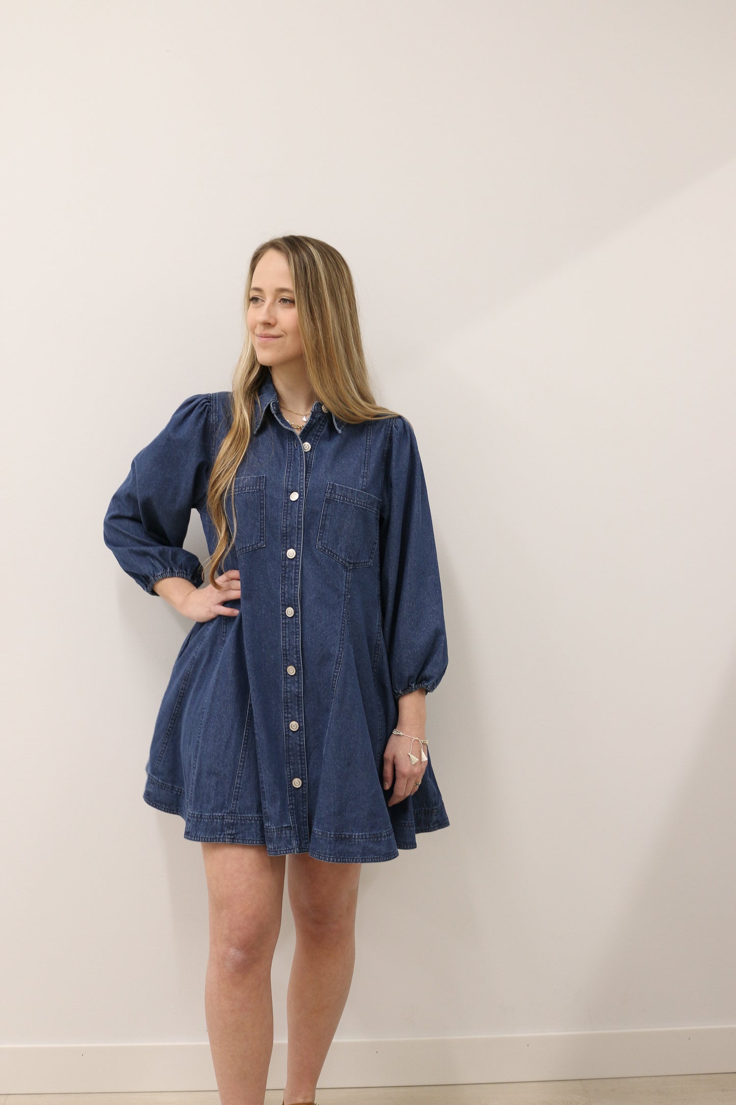 Jemma Long Sleeve Button Front Denim Mini Dress - Dark Denim