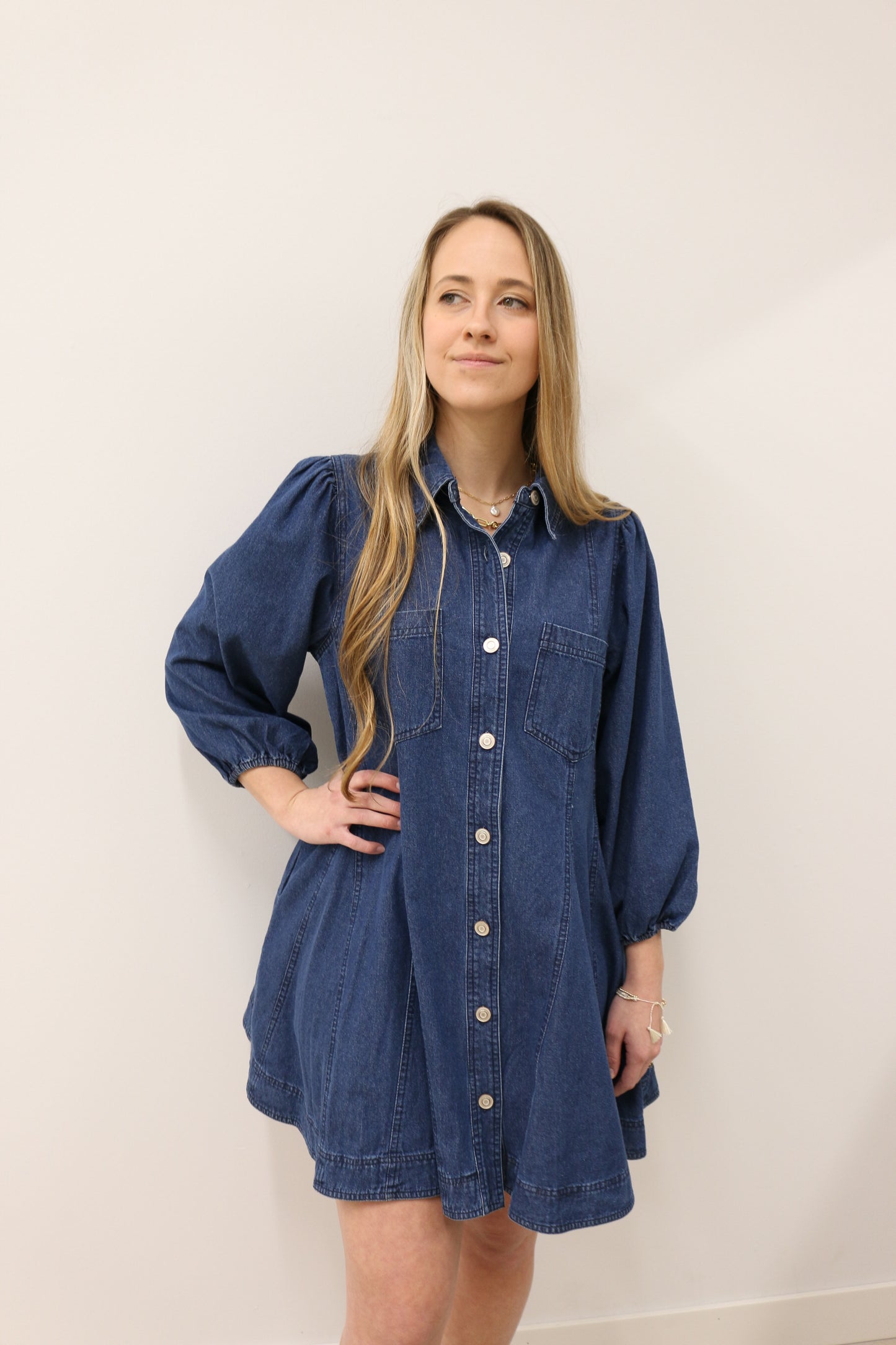 Jemma Long Sleeve Button Front Denim Mini Dress - Dark Denim