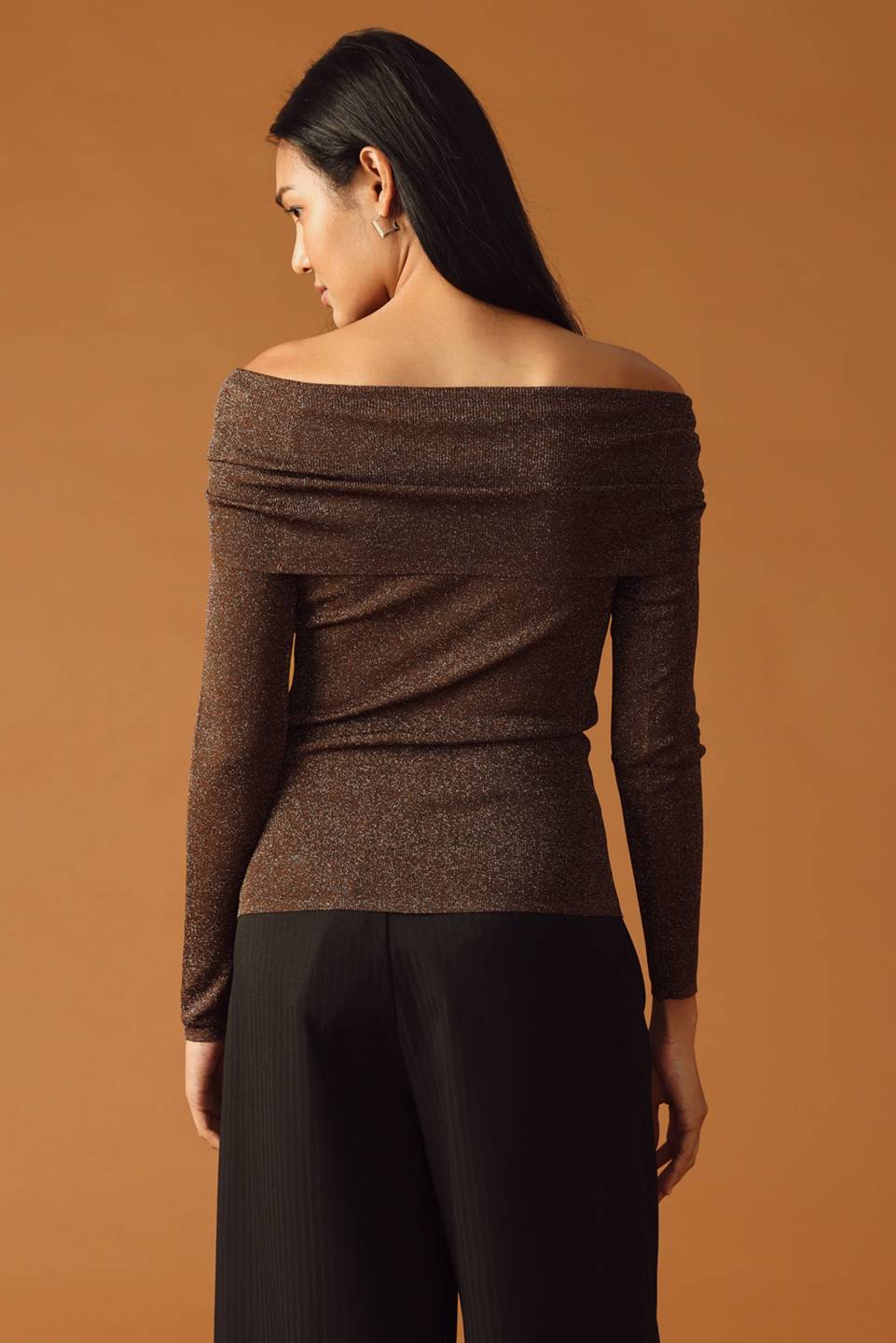 Mary Off The Shoulder Long Sleeve Shimmer Knit Sweater - Brown Metallic