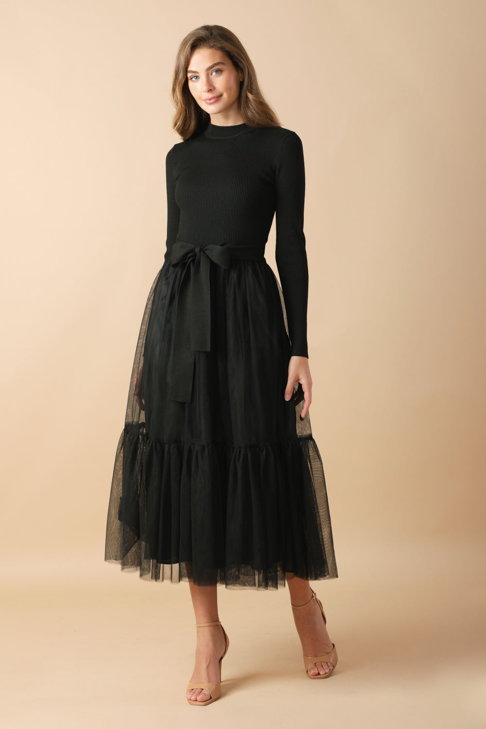 Lotti Long Sleeve Tulle Mixed Media Midi Dress - Black