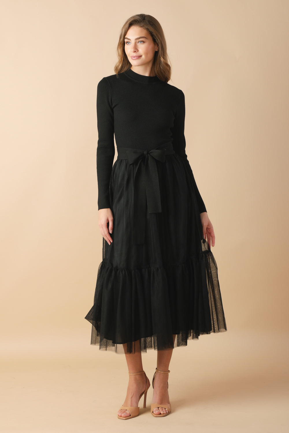 Lotti Long Sleeve Tulle Mixed Media Midi Dress - Black