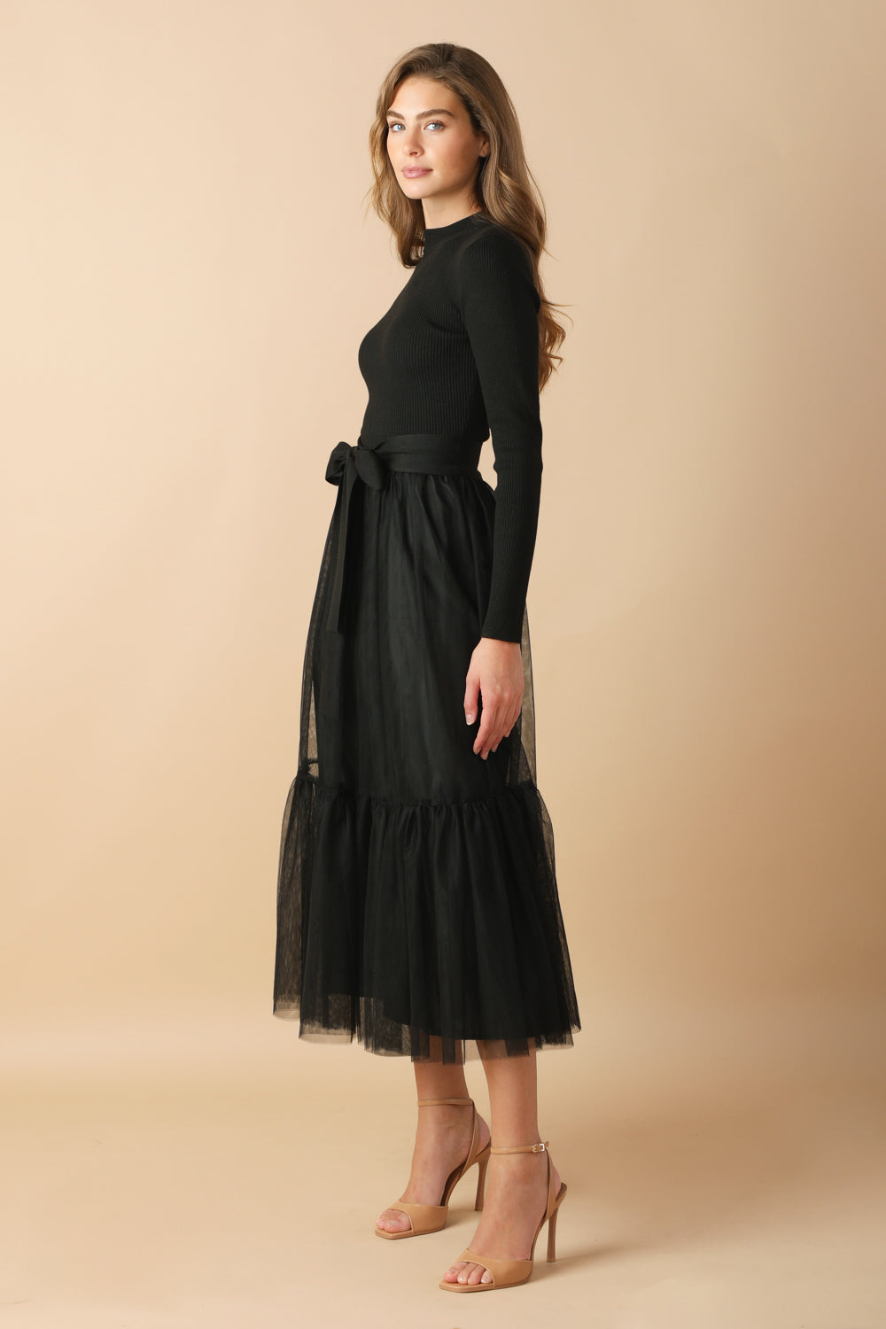 Lotti Long Sleeve Tulle Mixed Media Midi Dress - Black