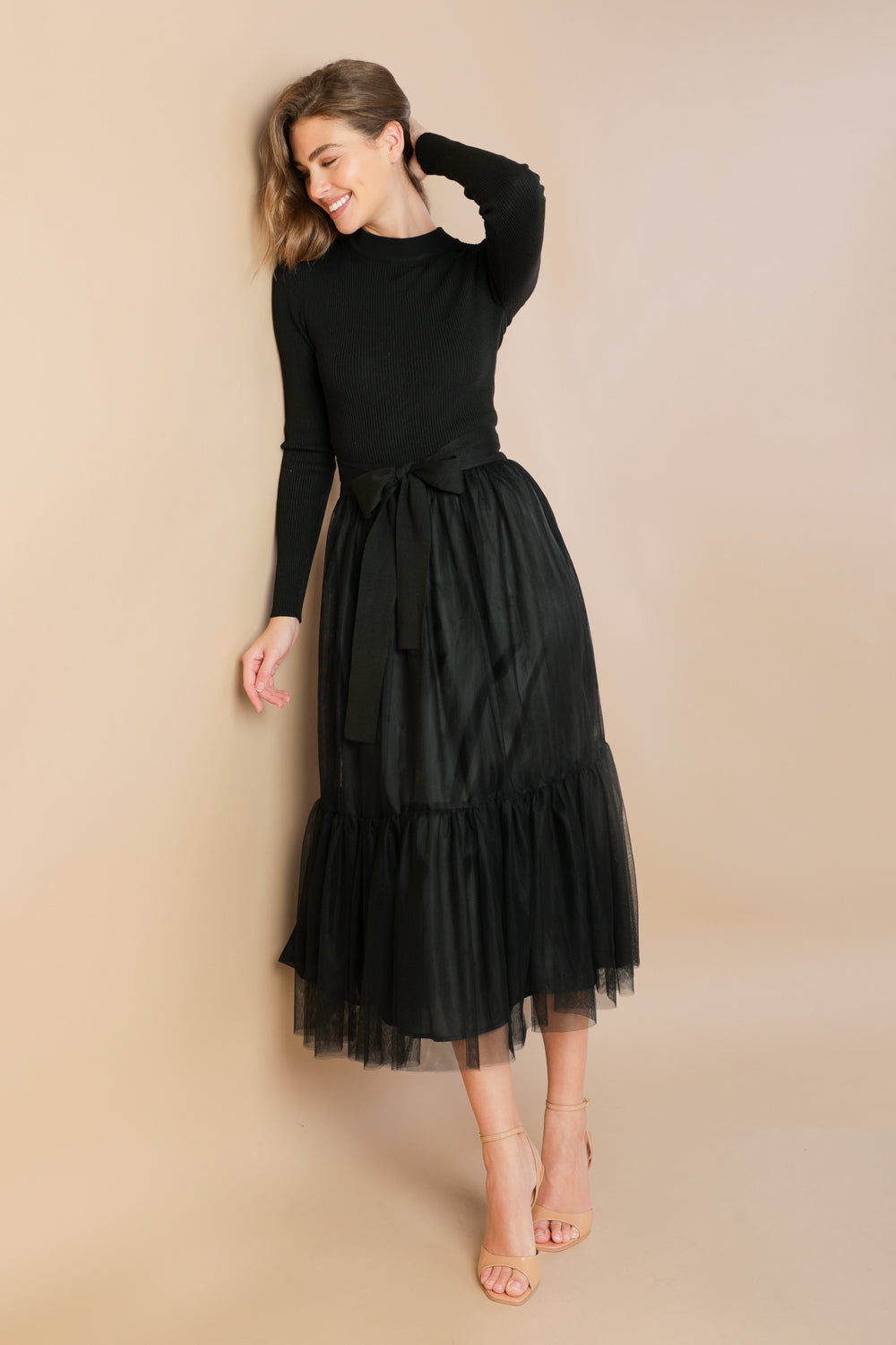 Lotti Long Sleeve Tulle Mixed Media Midi Dress - Black