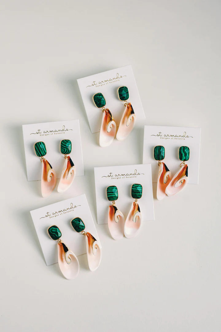 Pink Shell and Green Malachite Statement Earrings