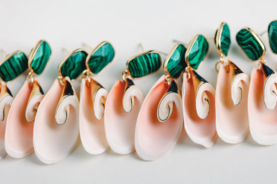 Pink Shell and Green Malachite Statement Earrings