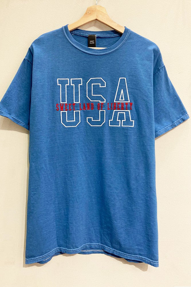 USA Sweet Land of Liberty Embroidered Oversized Short Sleeve Tee - Denim Blue