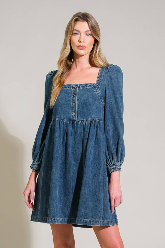 Asher Long Sleeve Denim Baby Doll Mini Dress - Denim