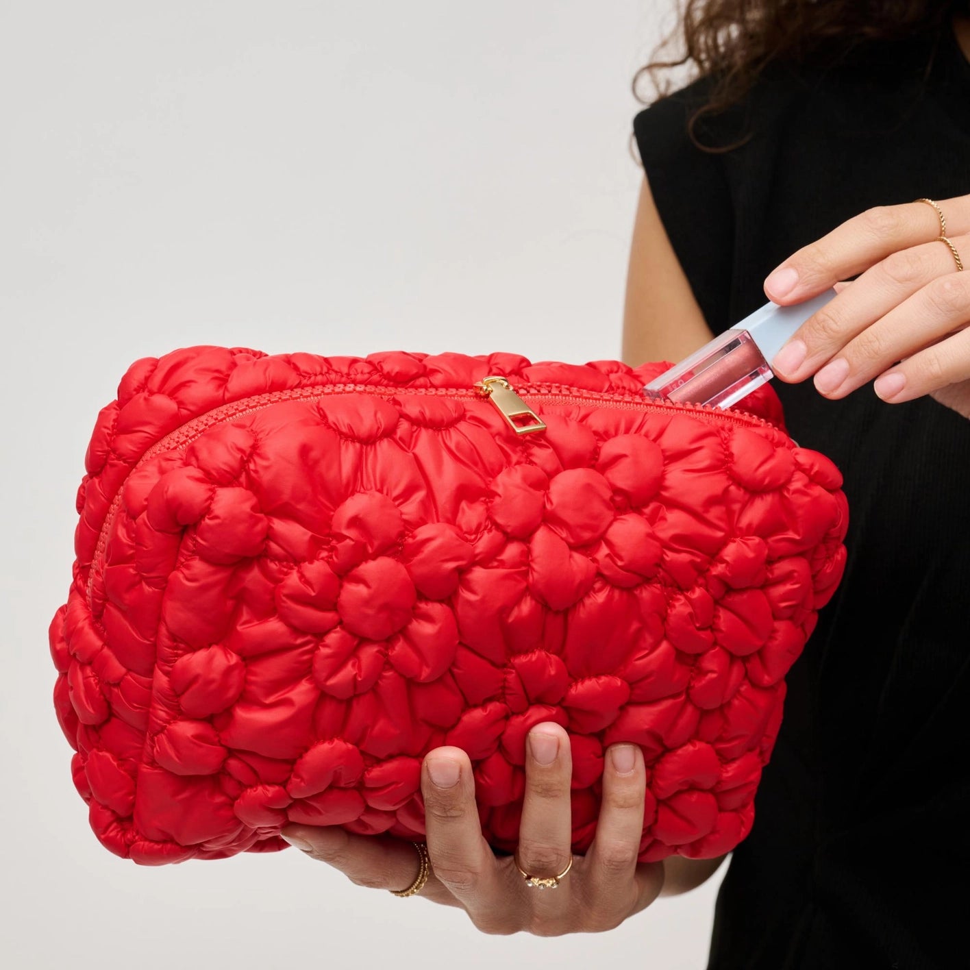 Flora Pop Quilted Nylon Zip Cosmetic Pouch - Red