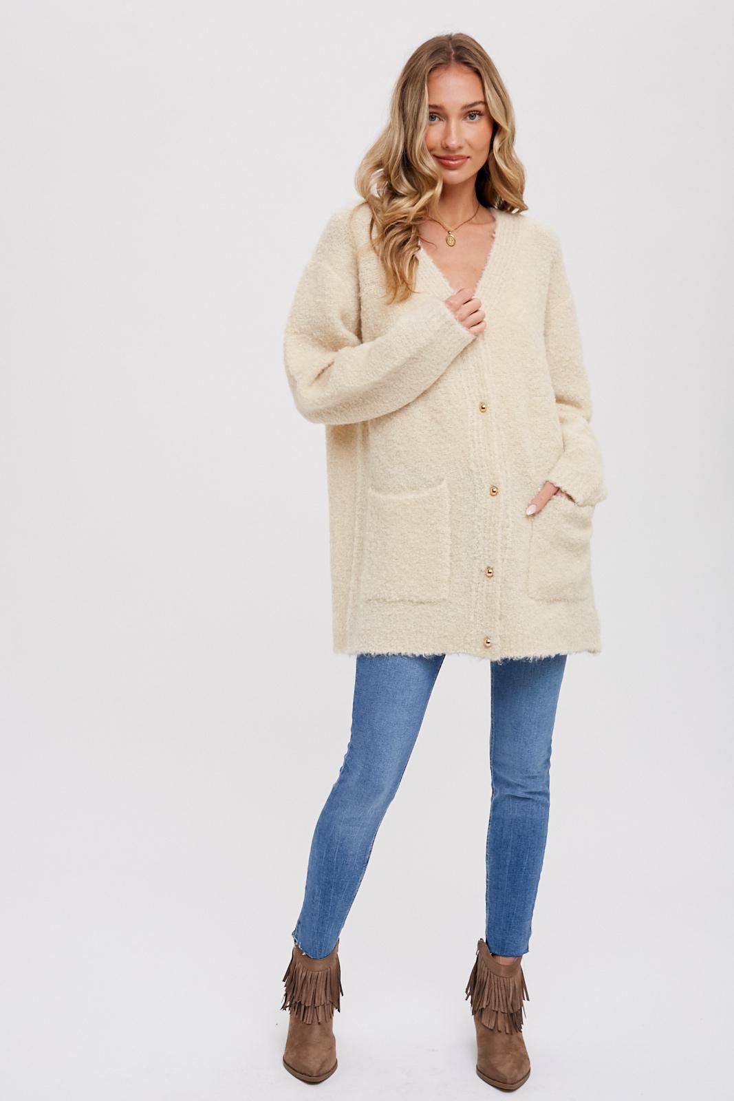 Holborn Long Sleeve Soft Fuzzy Drape Front Cardigan - Oatmeal