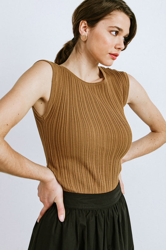 Bennett Sleeveless Ribbed Knit Top - Camel