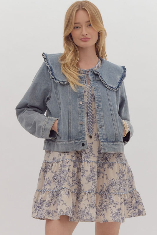 Carmen Peter Pan Collar Long Sleeve Light Wash Denim Jacket - Denim