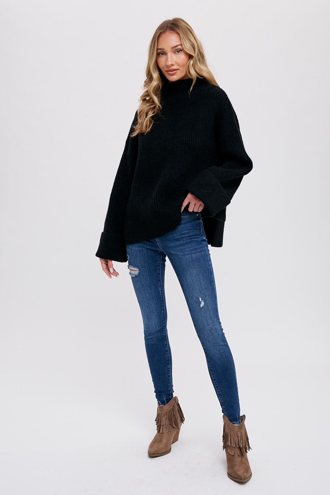 Carver Funnel Neck Long Sleeve Oversized Sweater Pullover - Black