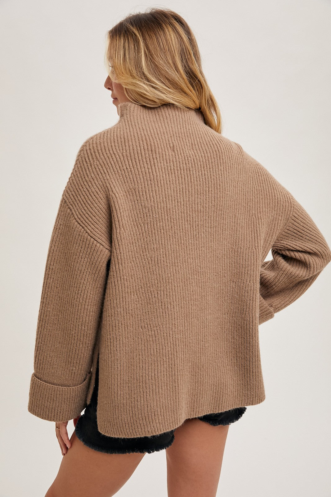 Carver Funnel Neck Long Sleeve Oversized Sweater Pullover - Mushroom