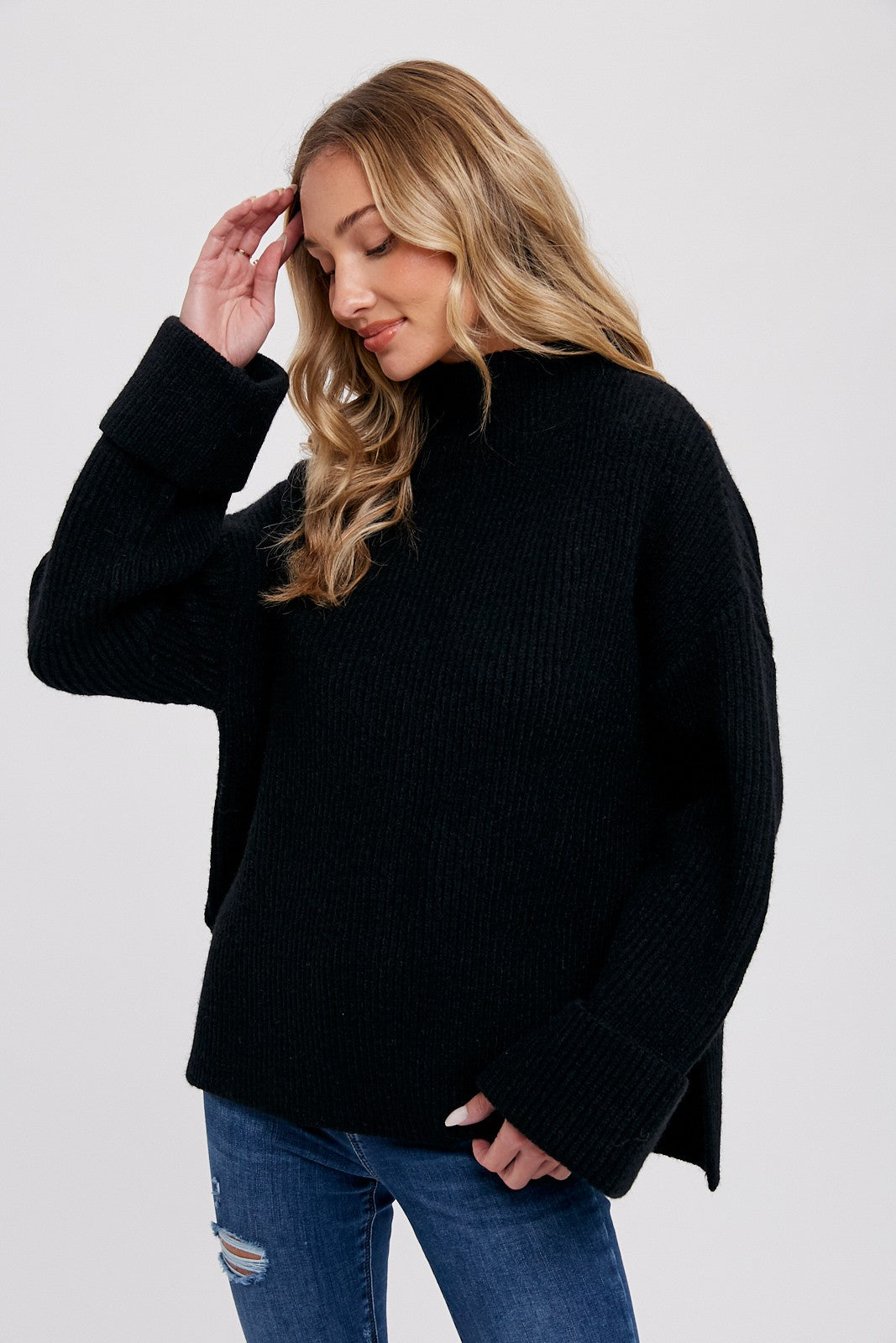 Carver Funnel Neck Long Sleeve Oversized Sweater Pullover - Black