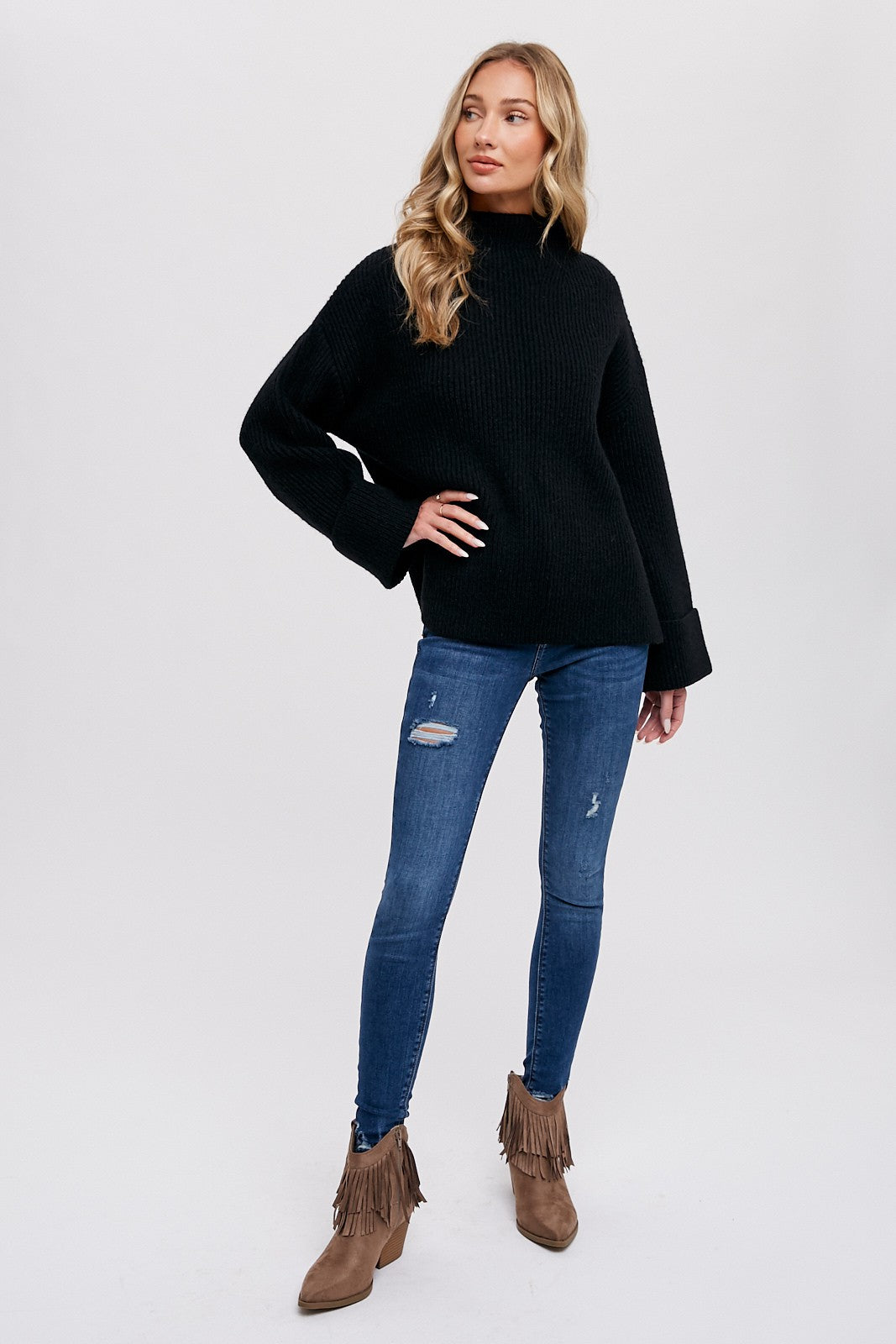 Carver Funnel Neck Long Sleeve Oversized Sweater Pullover - Black