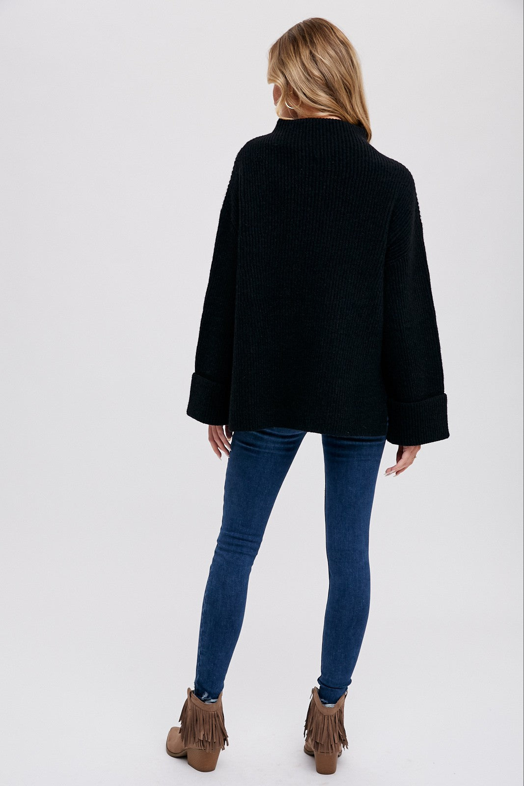 Carver Funnel Neck Long Sleeve Oversized Sweater Pullover - Black