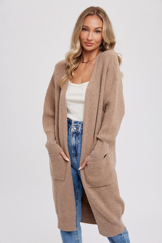 Chelsea Long Sleeve Mid Length Open Front Knit Cardigan - Latte