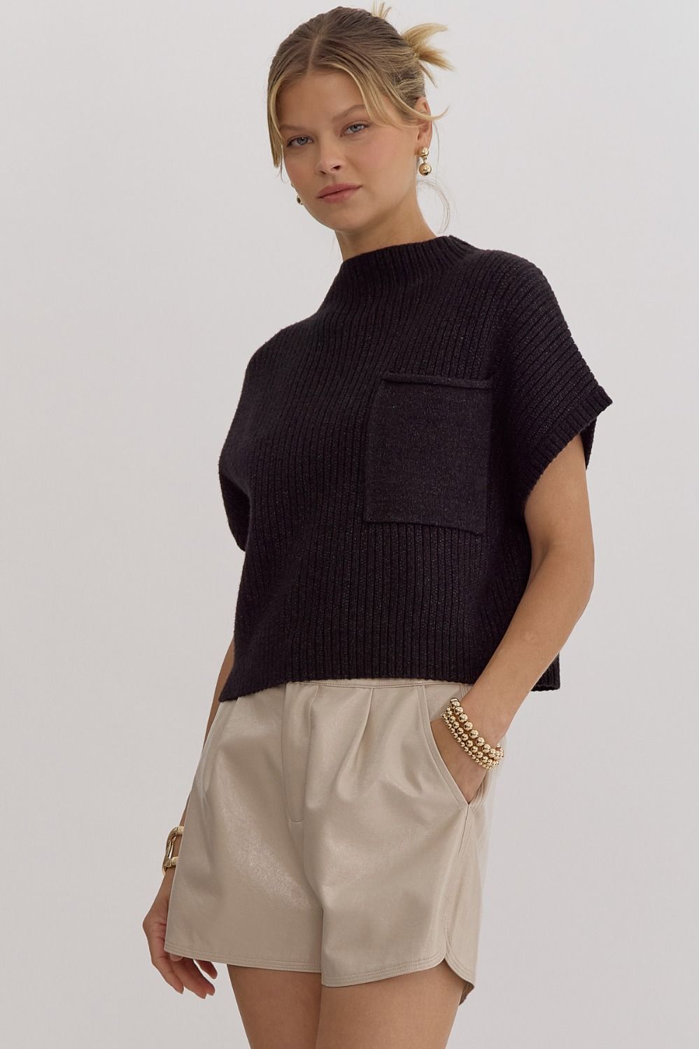 Elodie Short Sleeve Cropped Mock Neck Pocket Knit - Black