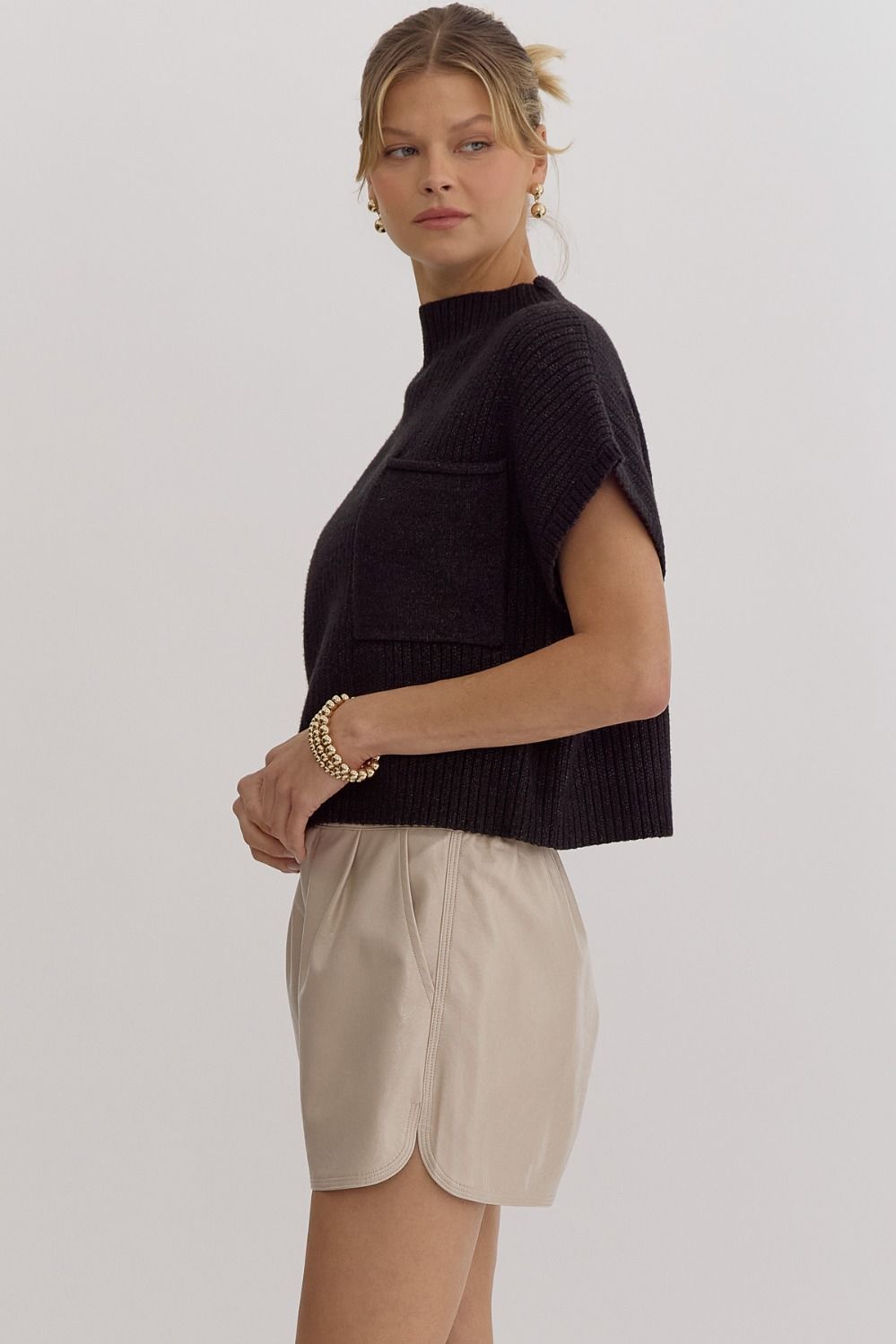 Elodie Short Sleeve Cropped Mock Neck Pocket Knit - Black