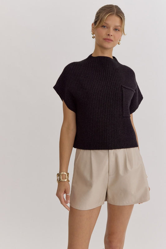 Elodie Short Sleeve Cropped Mock Neck Pocket Knit - Black