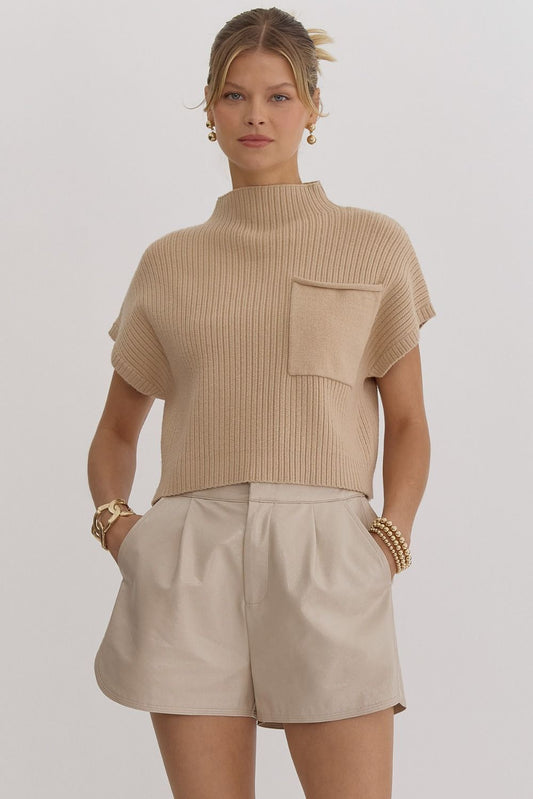 Elodie Short Sleeve Cropped Mock Neck Pocket Knit - Natural