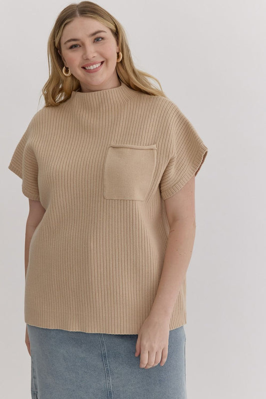 Elodie Curve Short Sleeve Cropped Mock Neck Pocket Knit - Natural