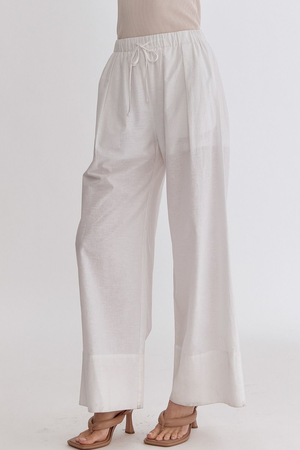 Classic Solid High Waisted Wide Leg Linen Drawstring Waist Pant - White