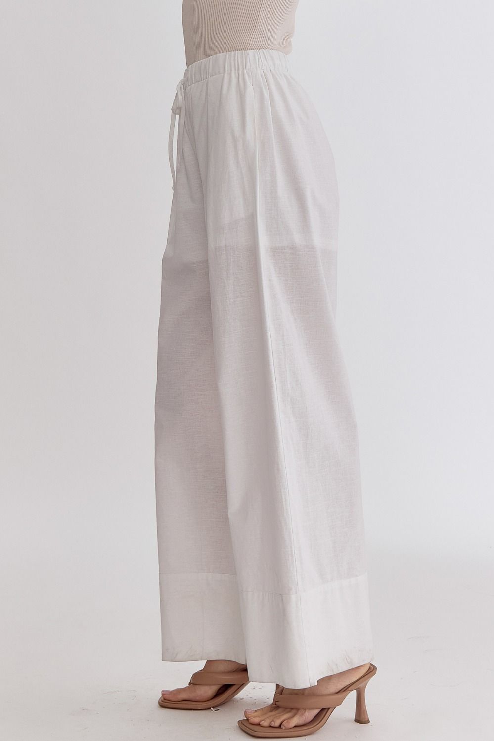 Classic Solid High Waisted Wide Leg Linen Drawstring Waist Pant - White