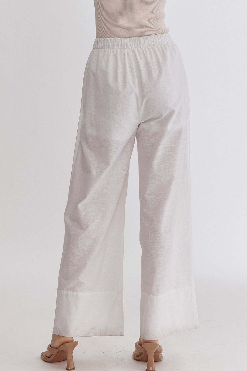 Classic Solid High Waisted Wide Leg Linen Drawstring Waist Pant - White