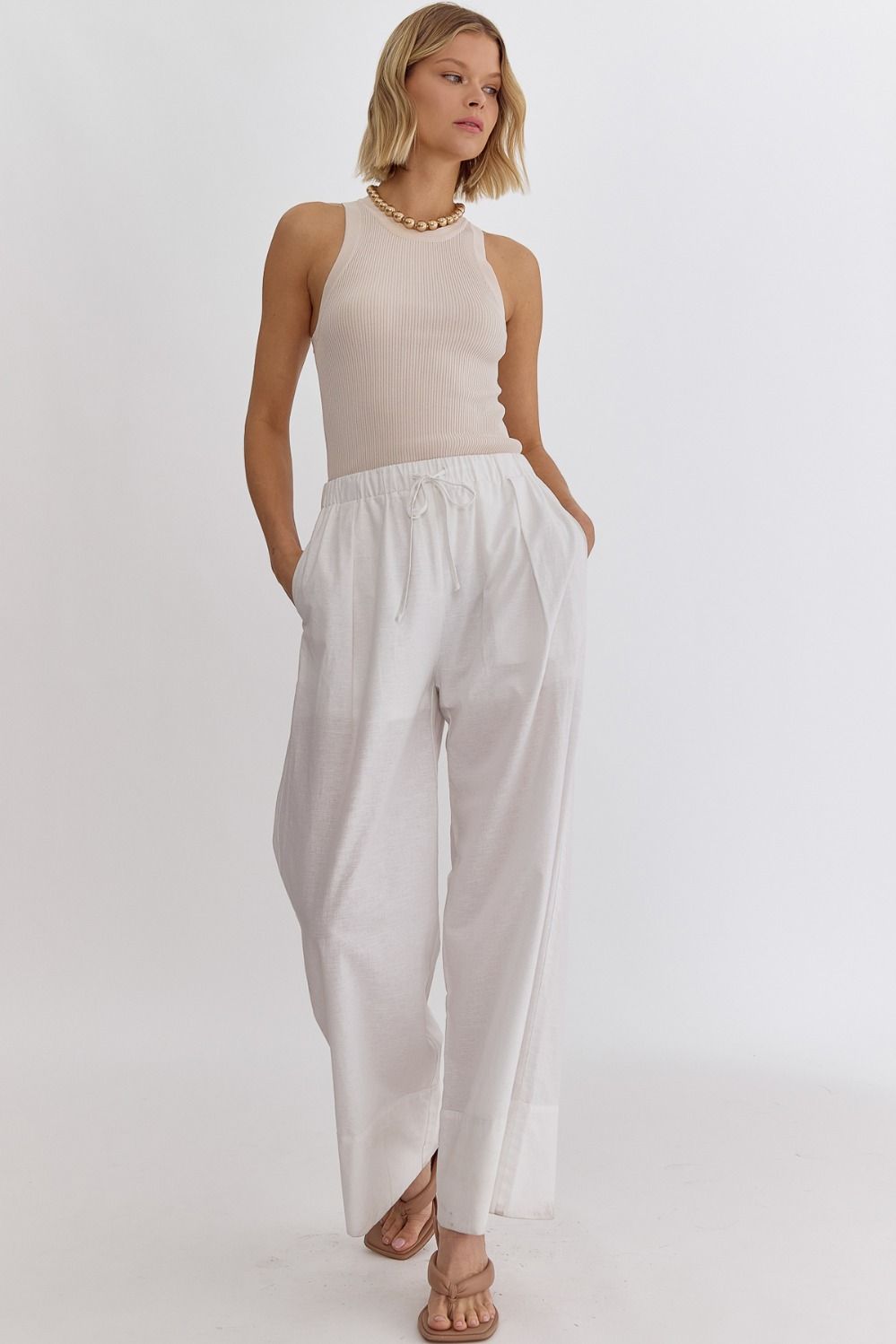 Classic Solid High Waisted Wide Leg Linen Drawstring Waist Pant - White