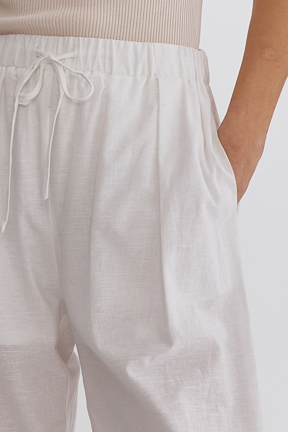 Classic Solid High Waisted Wide Leg Linen Drawstring Waist Pant - White