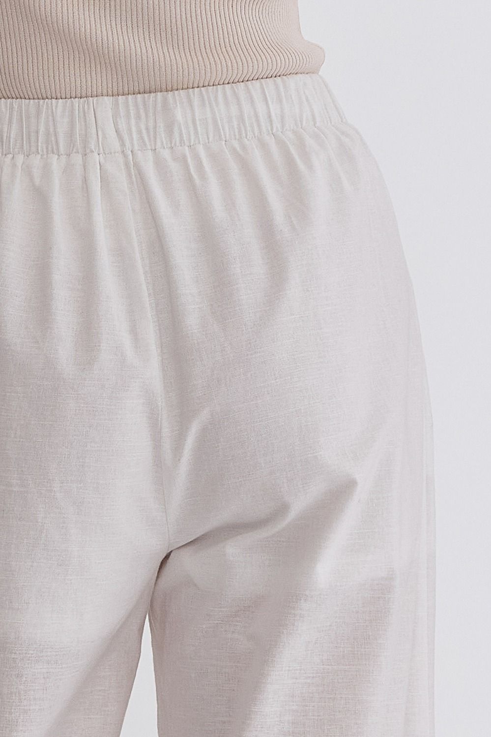 Classic Solid High Waisted Wide Leg Linen Drawstring Waist Pant - White