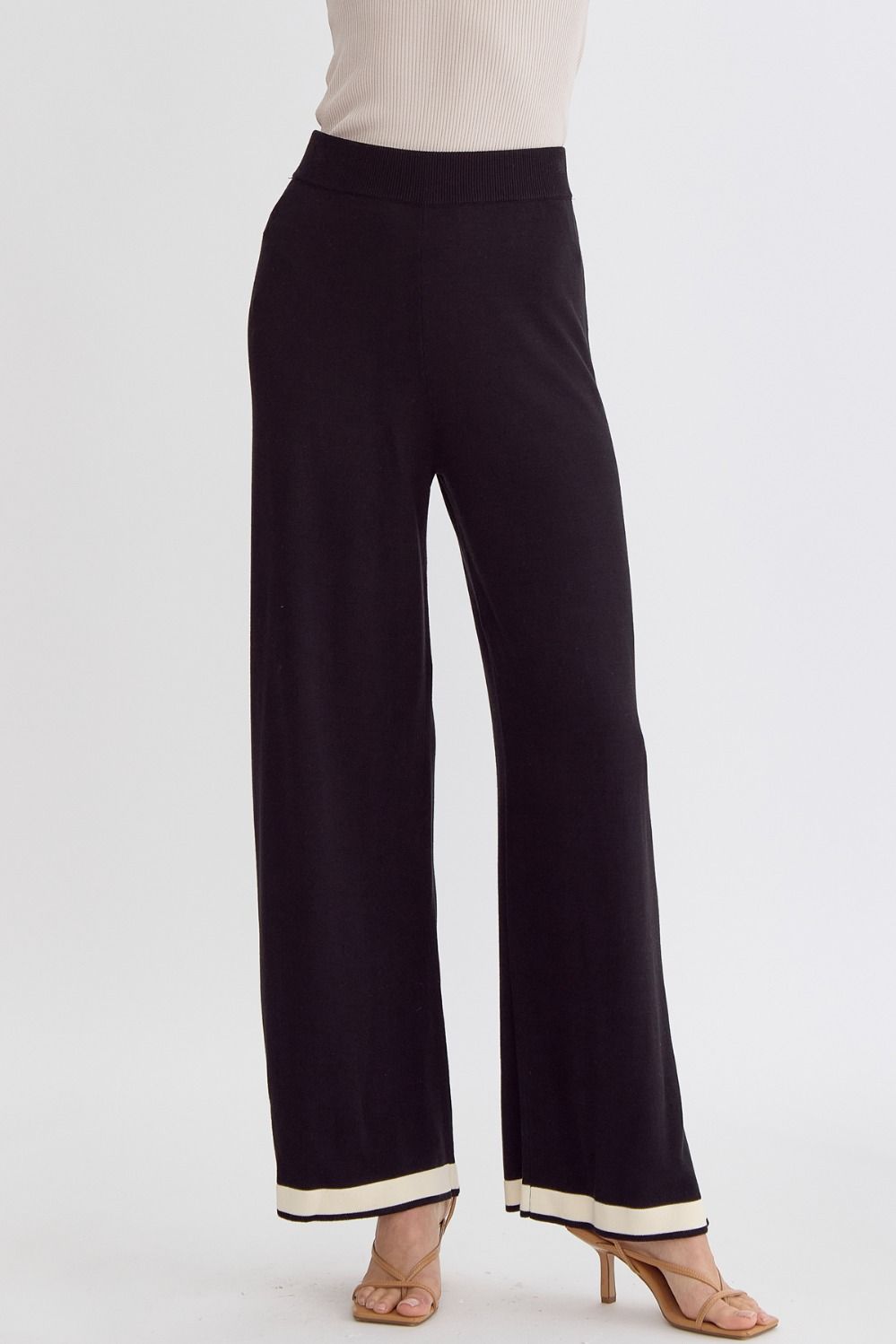 Hampton Contrast High Waisted Wide Leg Knit Pants - Black, Natural