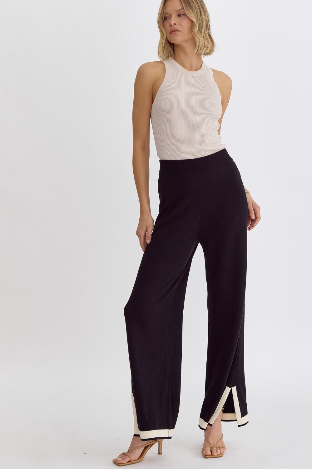 Hampton Contrast High Waisted Wide Leg Knit Pants - Black, Natural