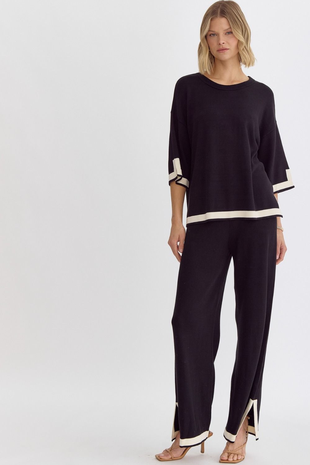 Hampton Contrast High Waisted Wide Leg Knit Pants - Black, Natural