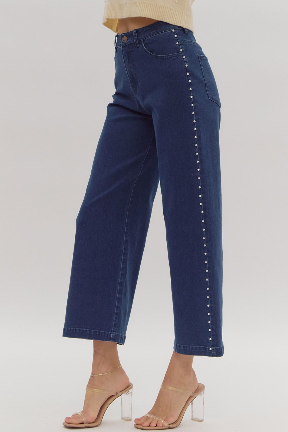 Pearl Studded High Waisted Wide Leg Stretch Denim - Dark Denim