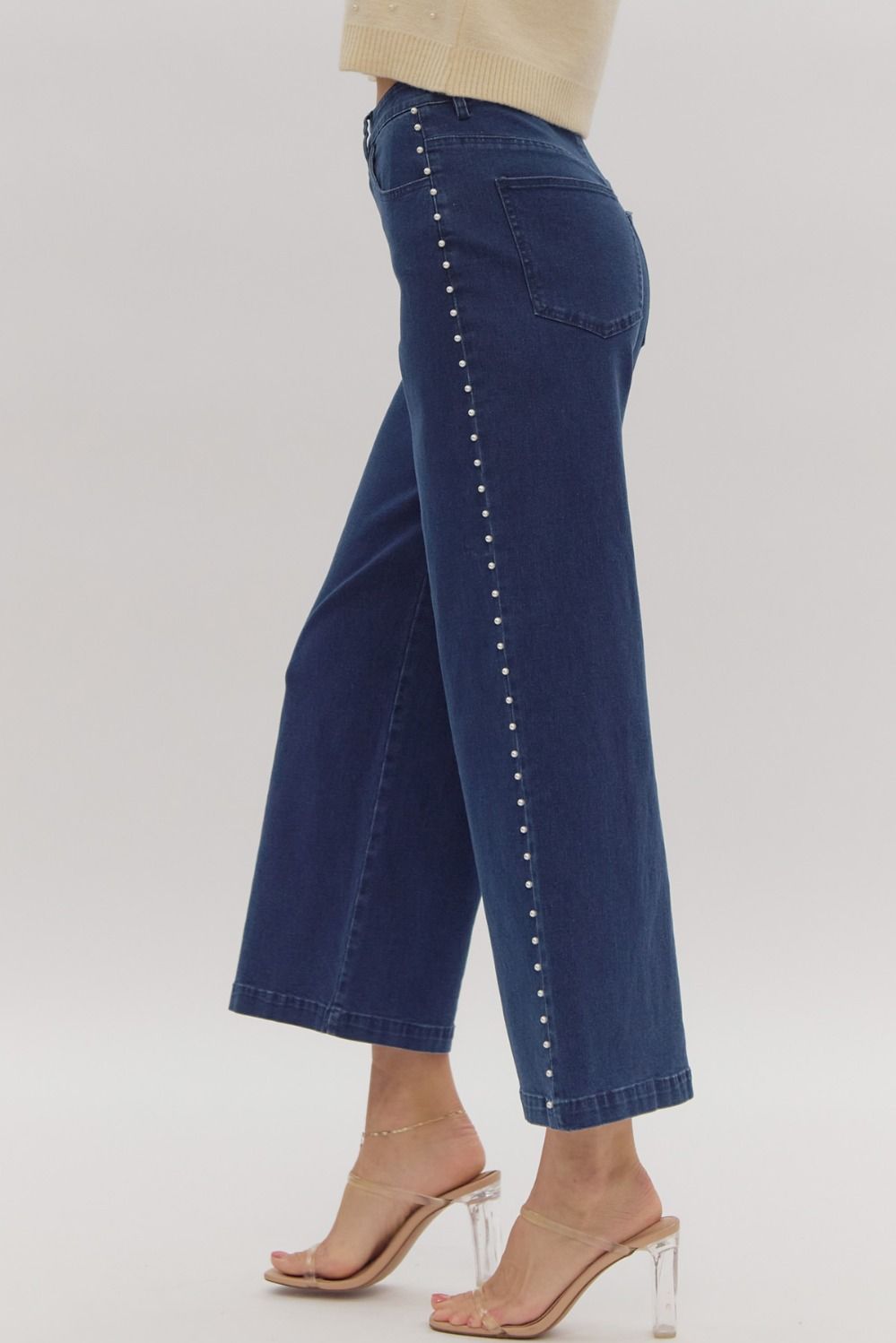 Pearl Studded High Waisted Wide Leg Stretch Denim - Dark Denim