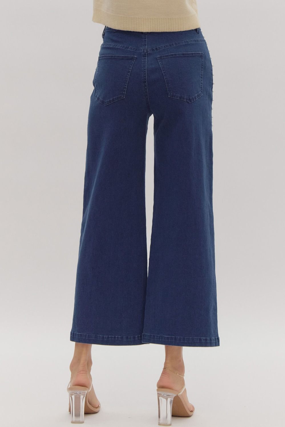 Pearl Studded High Waisted Wide Leg Stretch Denim - Dark Denim