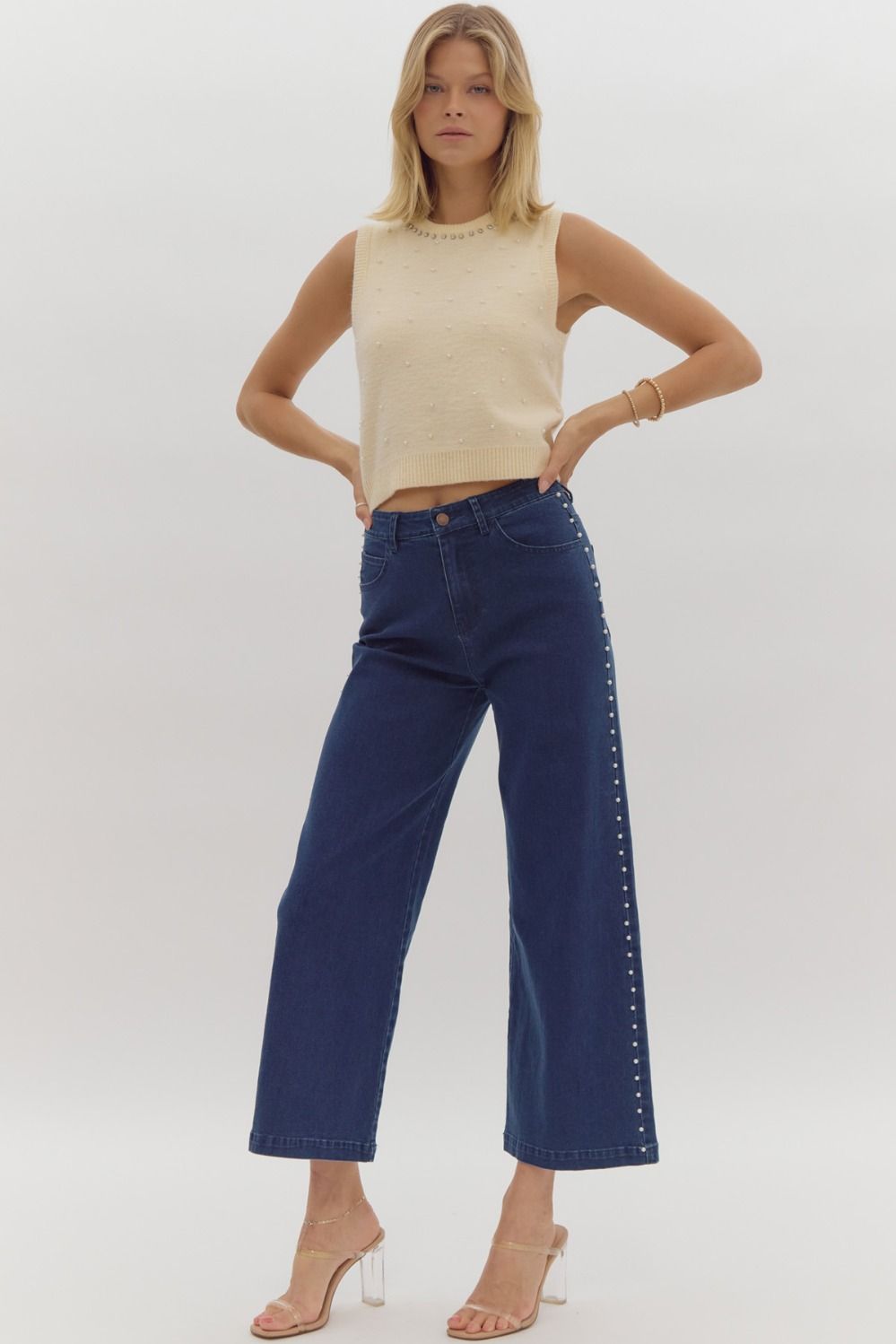 Pearl Studded High Waisted Wide Leg Stretch Denim - Dark Denim