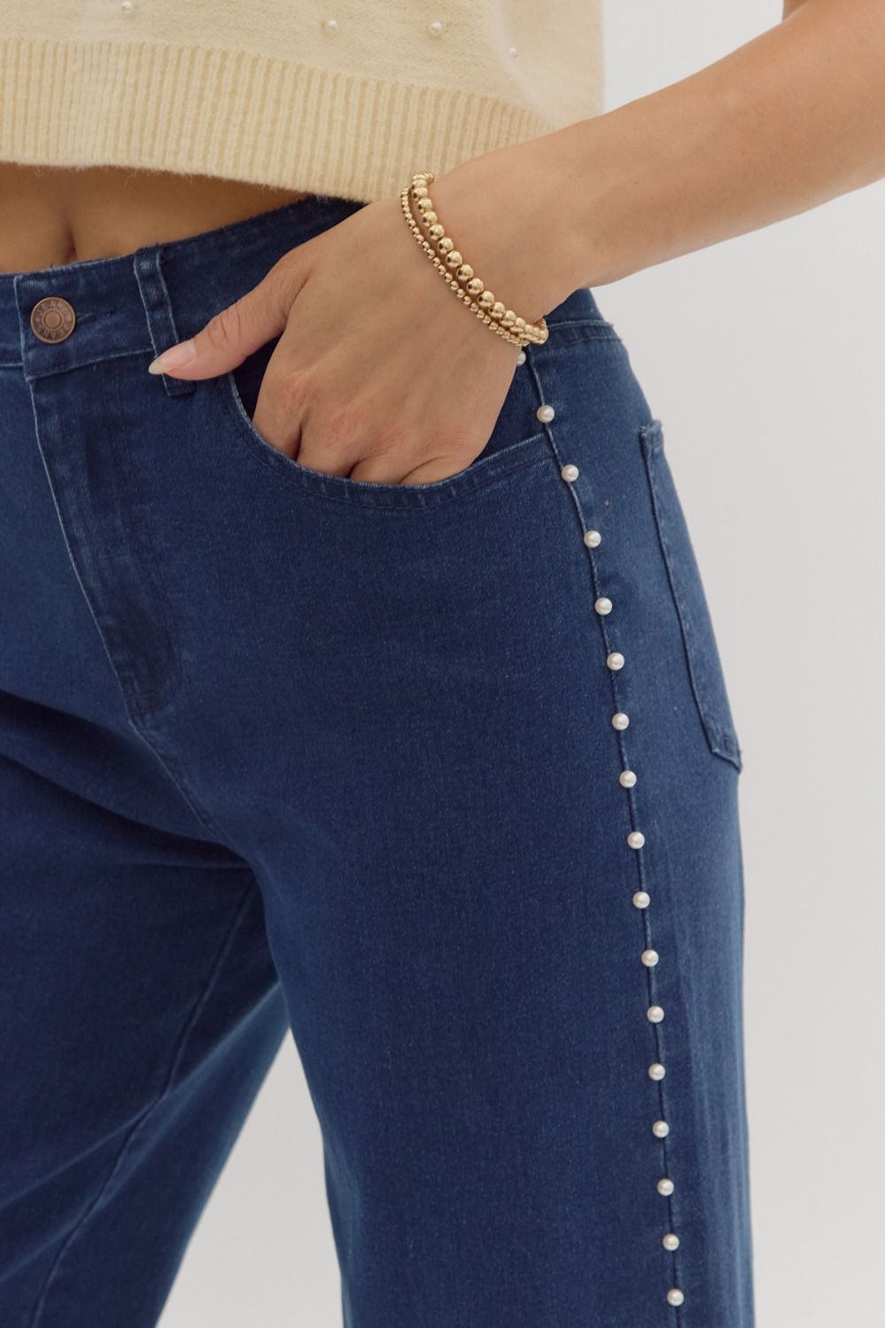 Pearl Studded High Waisted Wide Leg Stretch Denim - Dark Denim