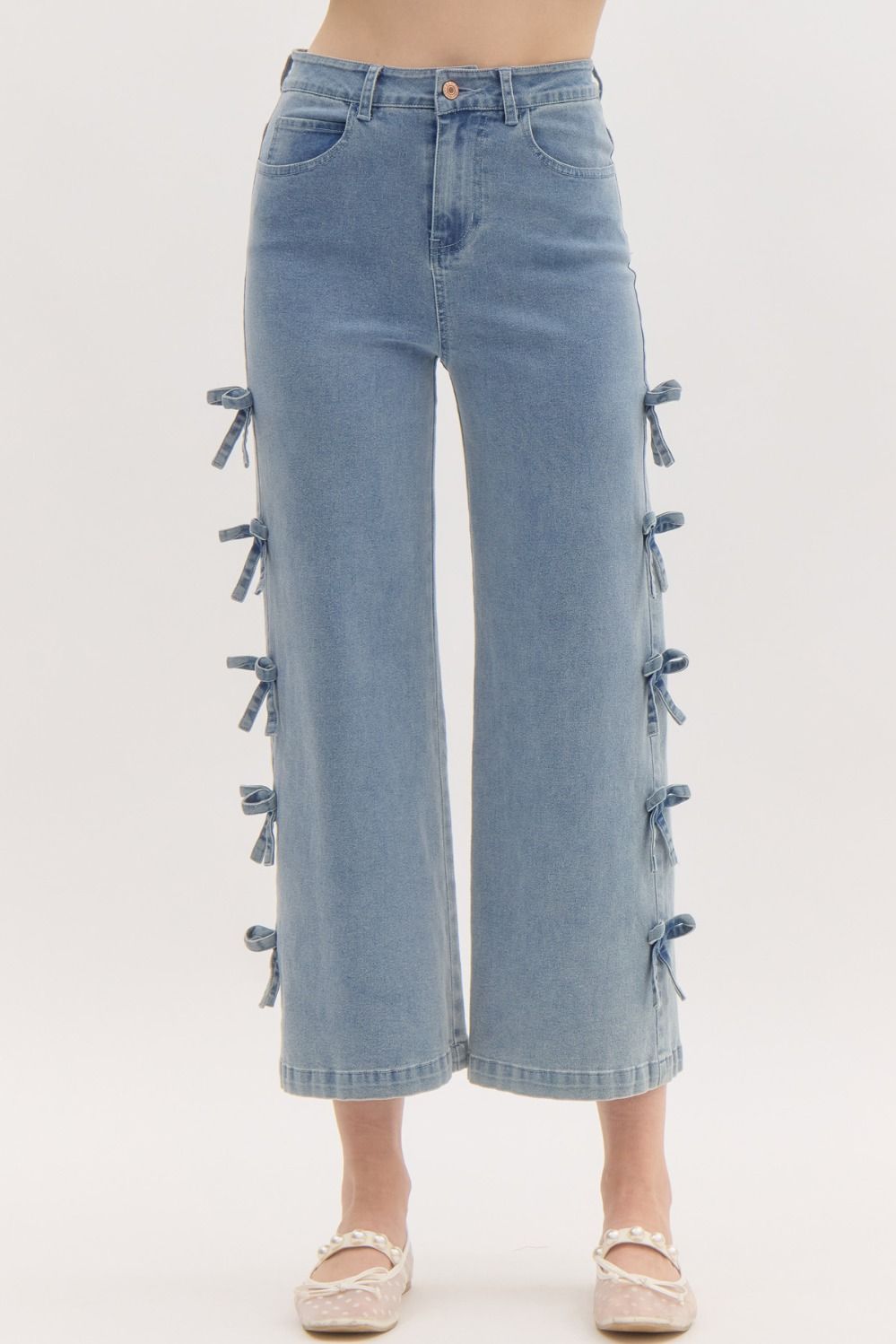 Bow Detail Cropped Mid-Rise Denim - Light Denim