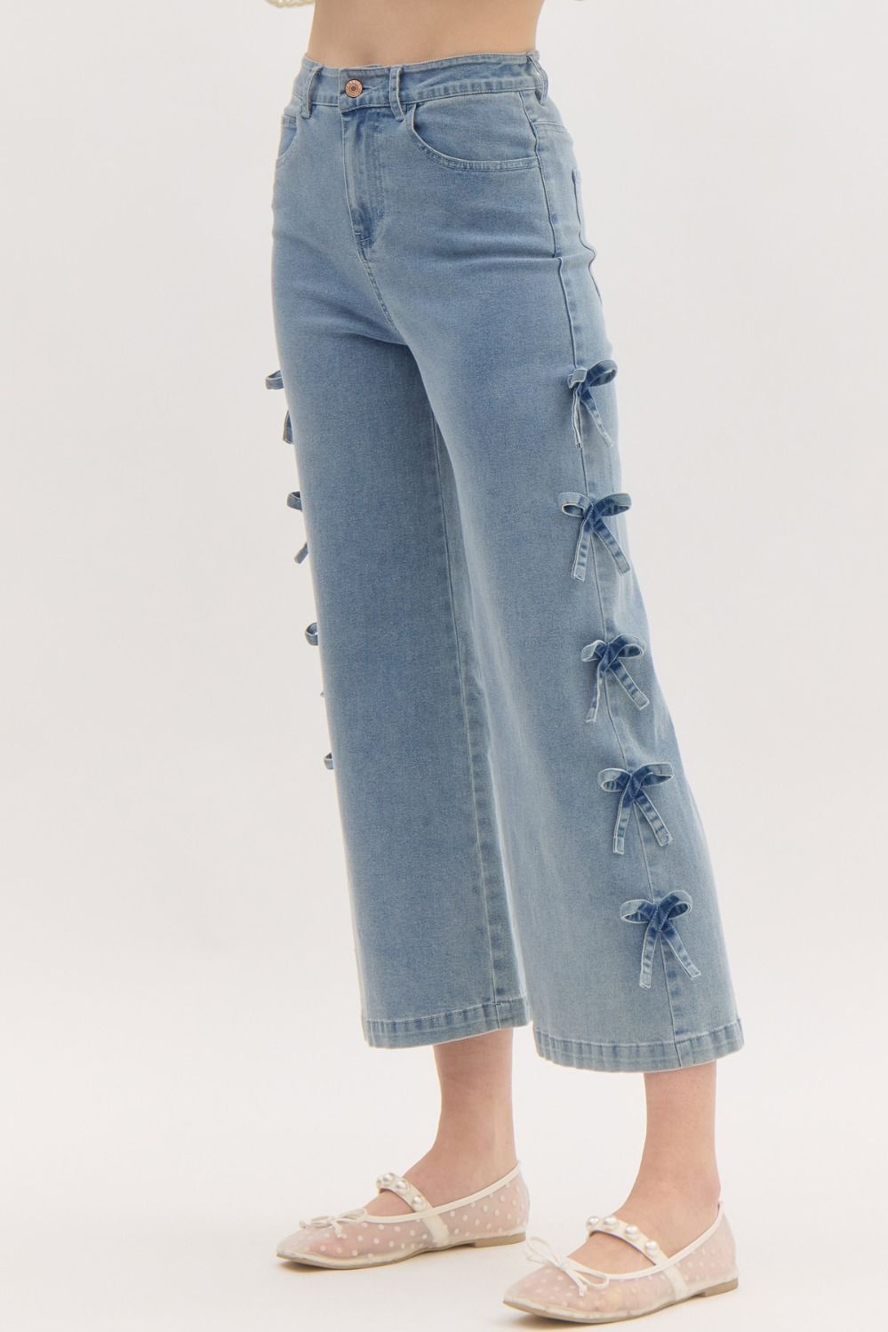 Bow Detail Cropped Mid-Rise Denim - Light Denim