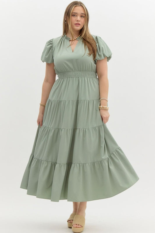 Curve Bubble Short Sleeve V-Neckline Tiered Ruffle Midi Dress - Sage Green