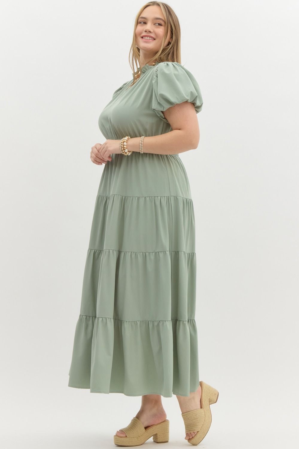 Curve Bubble Short Sleeve V-Neckline Tiered Ruffle Midi Dress - Sage Green