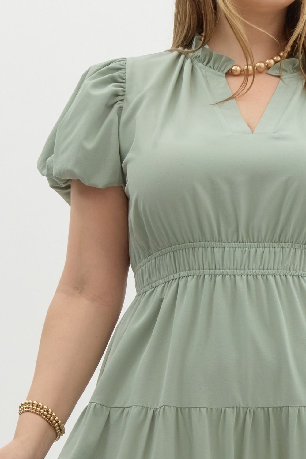 Curve Bubble Short Sleeve V-Neckline Tiered Ruffle Midi Dress - Sage Green