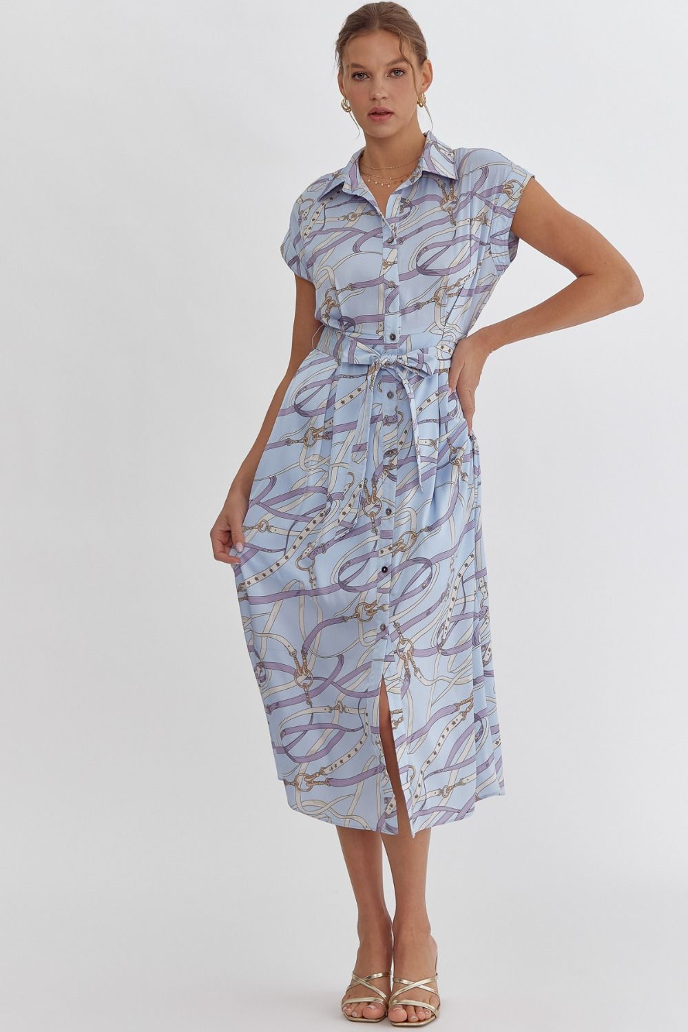 zSALE Kate Harness Print Button Up Silky Midi Dress - Light Blue