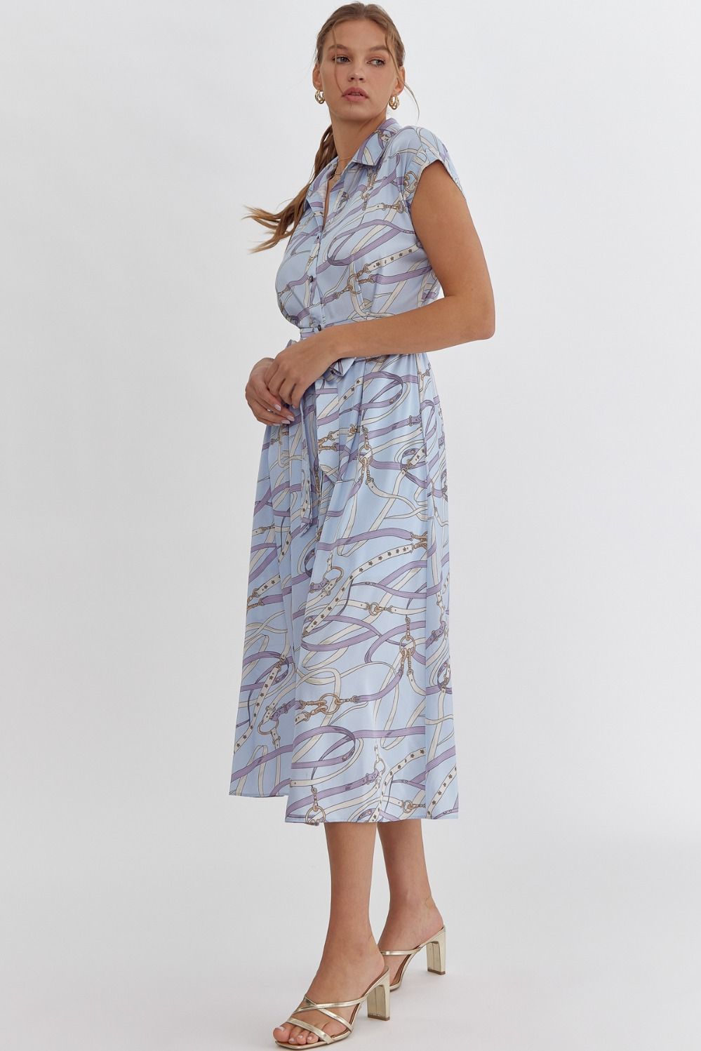 zSALE Kate Harness Print Button Up Silky Midi Dress - Light Blue