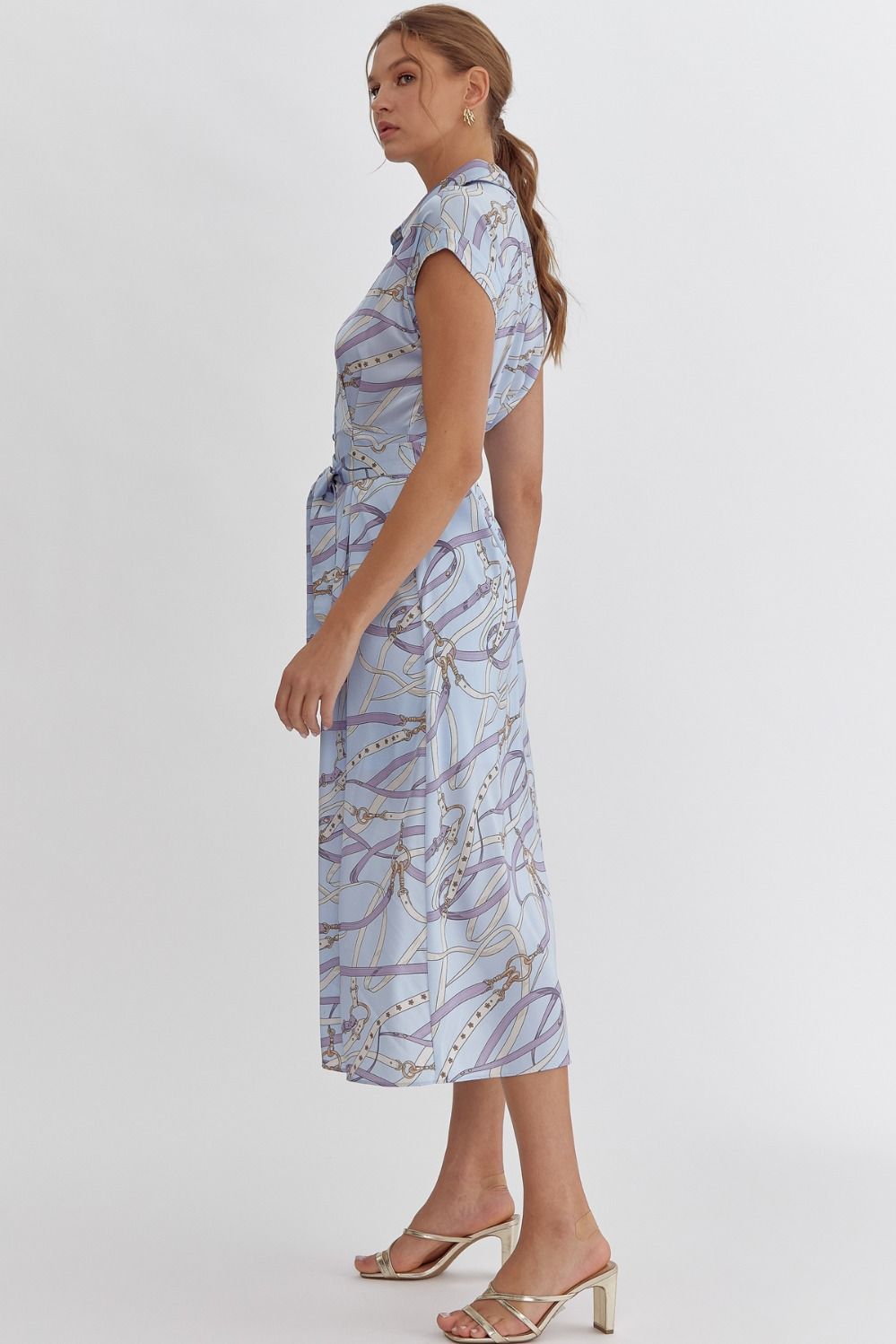 zSALE Kate Harness Print Button Up Silky Midi Dress - Light Blue