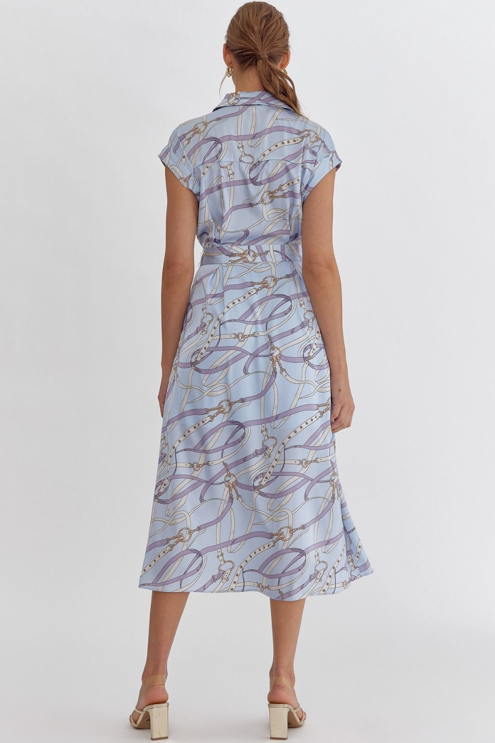 zSALE Kate Harness Print Button Up Silky Midi Dress - Light Blue