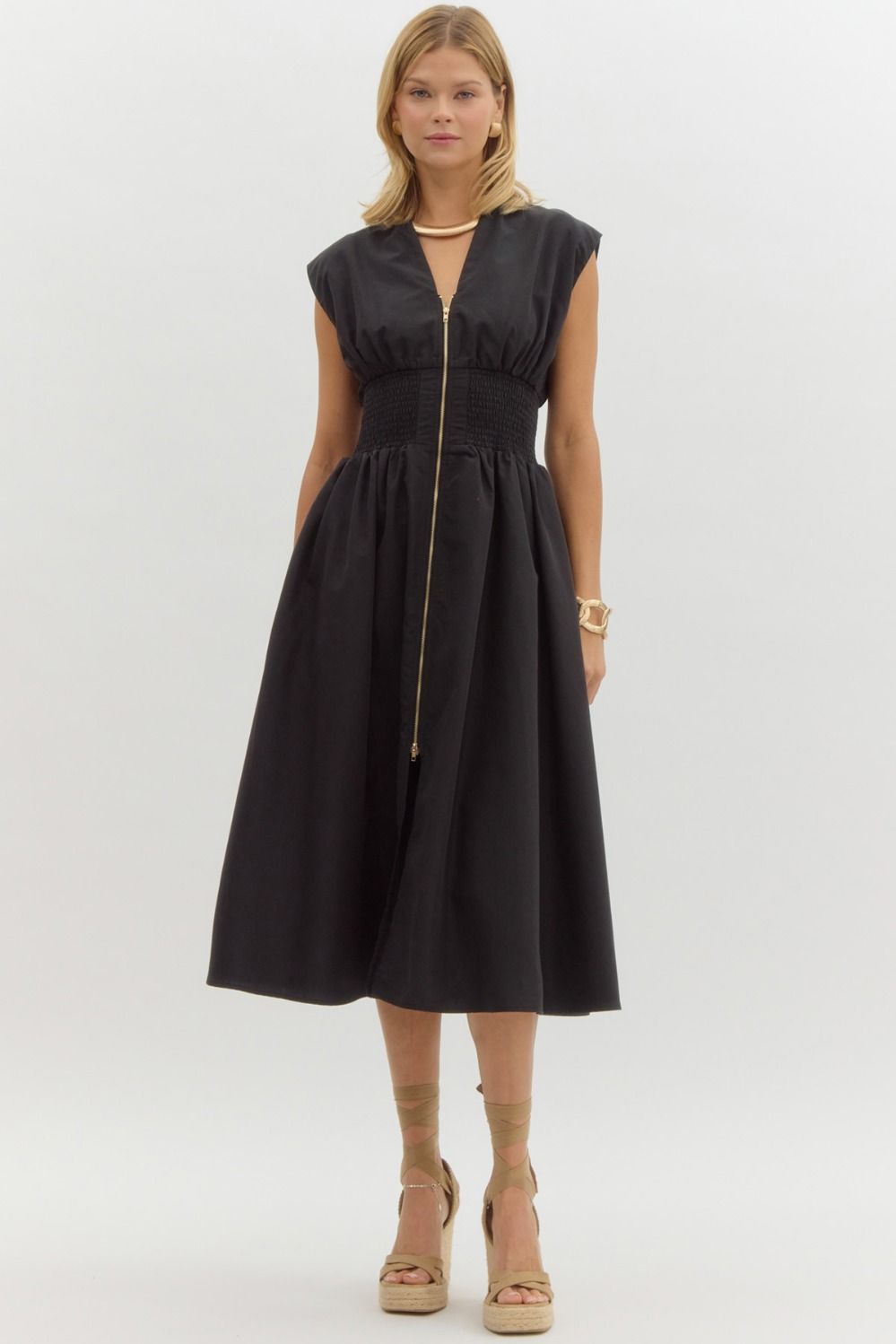 Jackie Zip Front Sleeveless Smocked Waist Midi Dress - Black